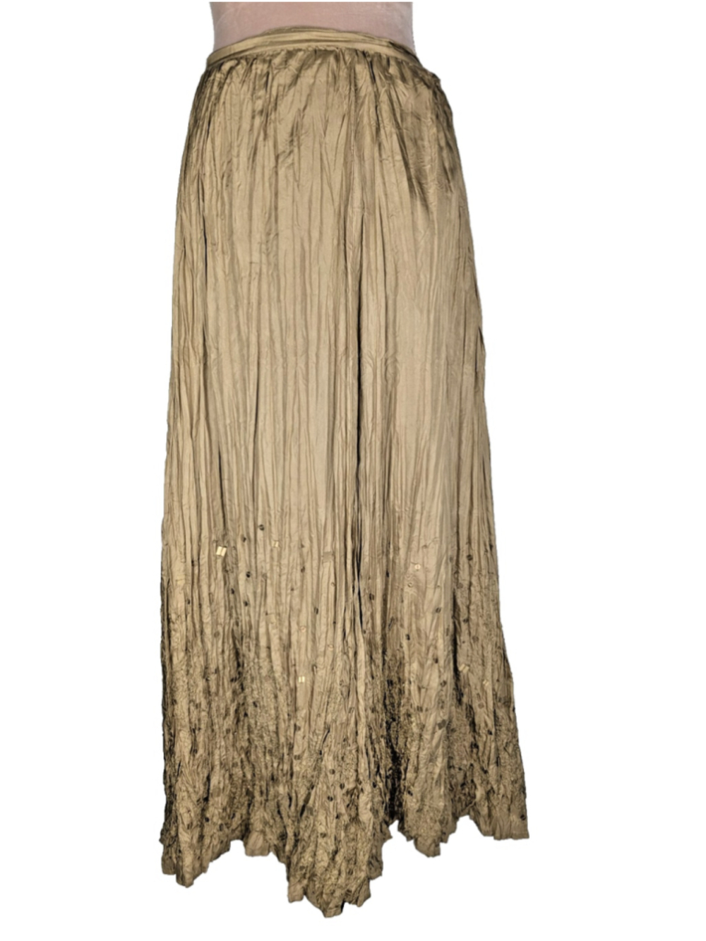 Chico’s Silk Embroidered Maxi Skirt Gold Crinkle Beaded Art To Wear Boho Size L